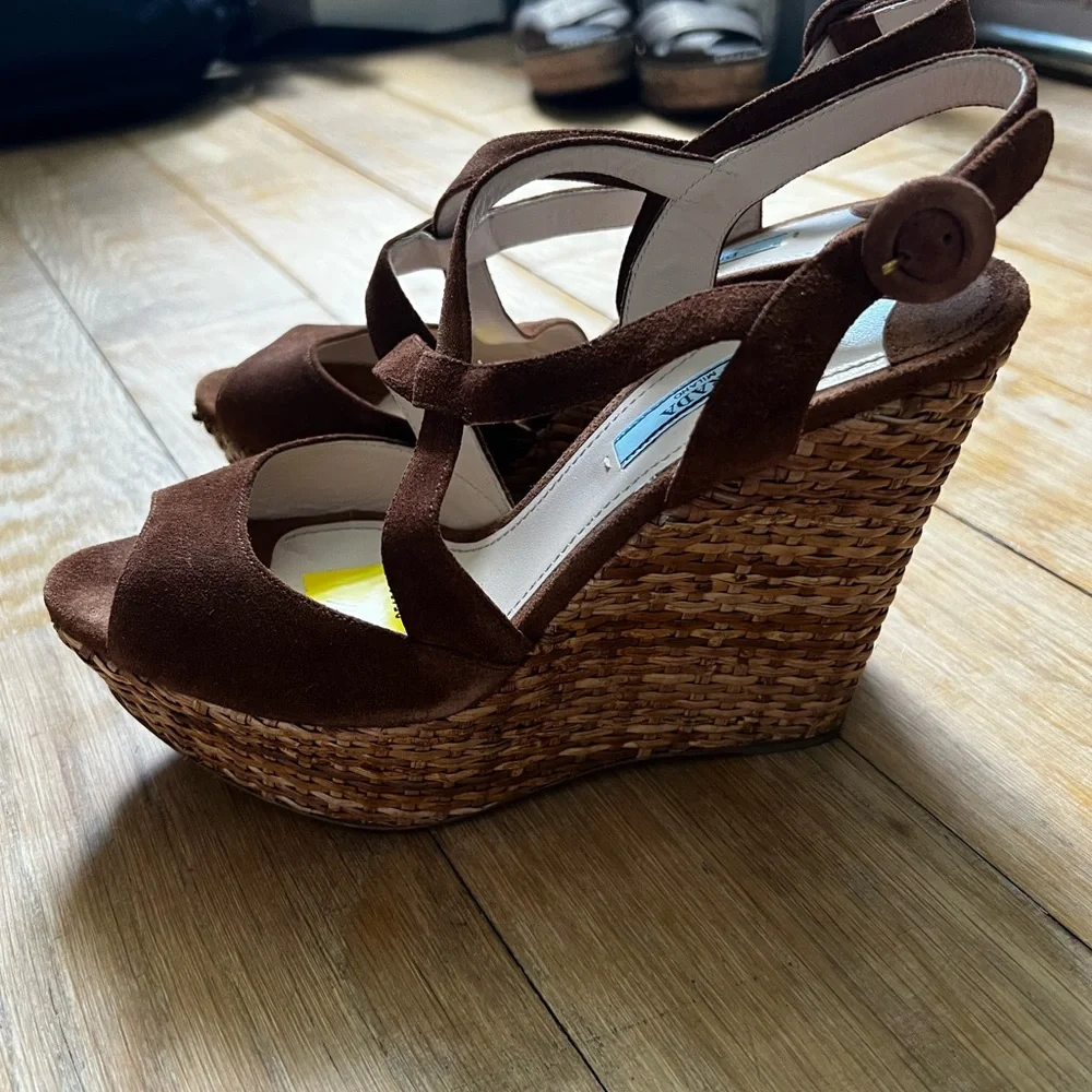 Prada‎ Suede Woven Wicker Wedge Sandals